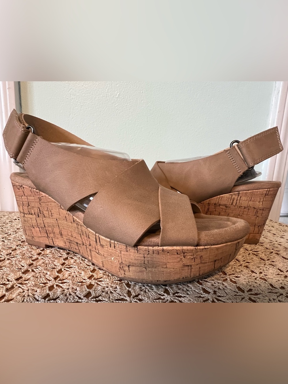 CL by Laundry Tan Cork Platform Wedge Sandals